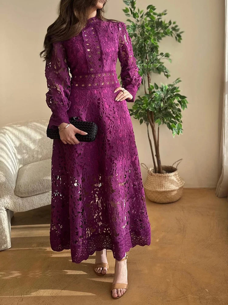 LAVÉRIA Embroidered Hollow-Out Midi Dress