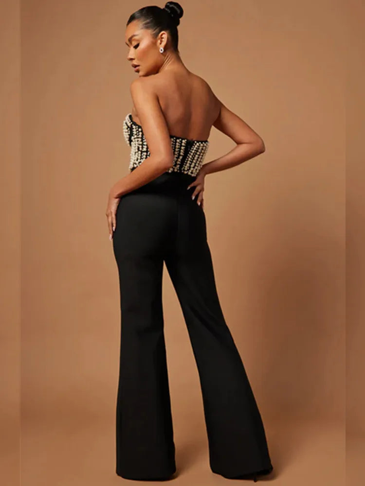 ALYRIA Pearl-Embellished Strapless Jumpsuit