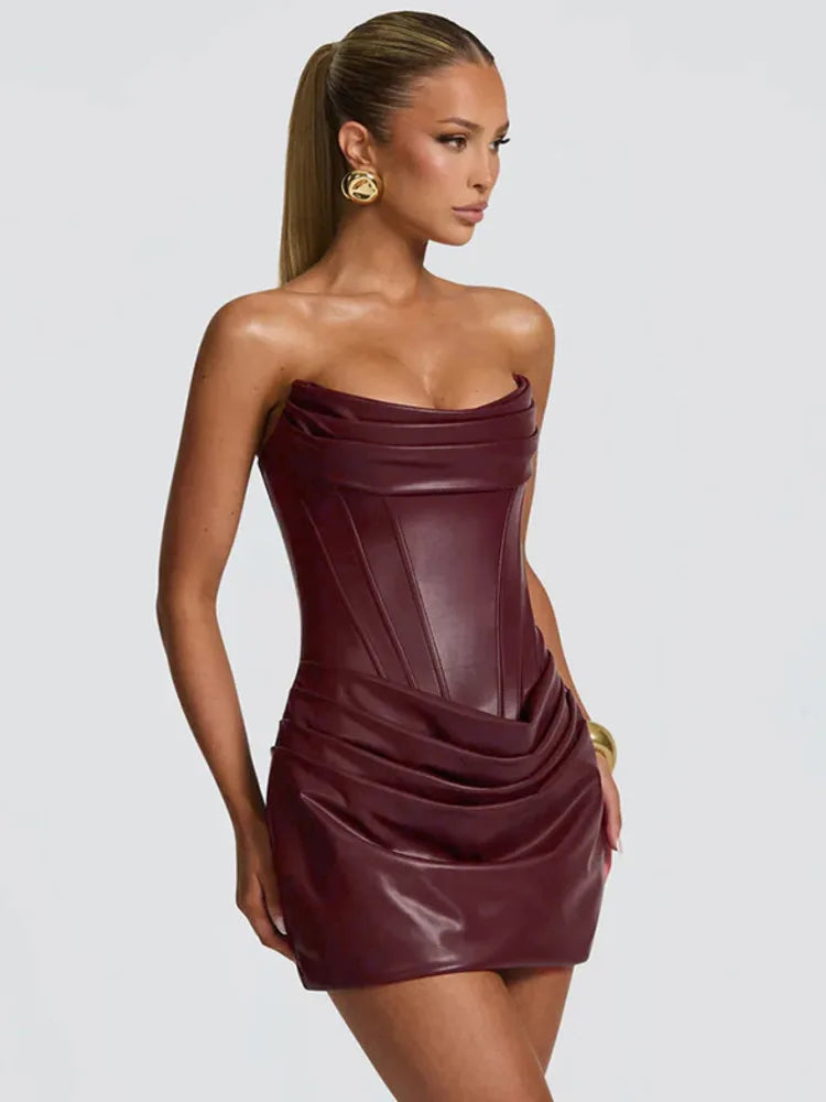 AMARÉ Off-Shoulder Leather Mini Dress