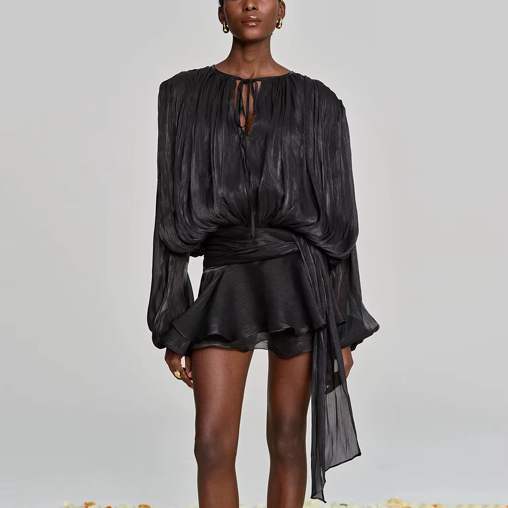 VALÉRIA Ruched Lantern-Sleeve Mini Dress